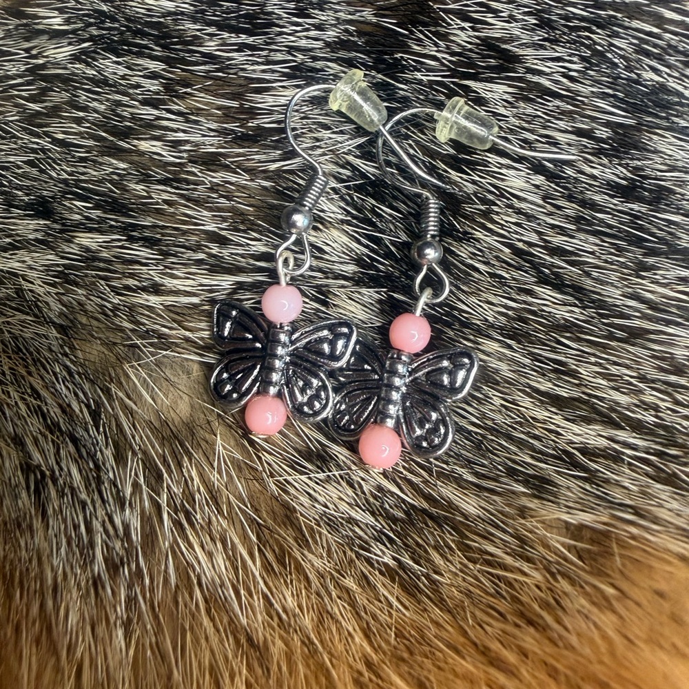 Silver Butterfly Earrings with Pink Beads